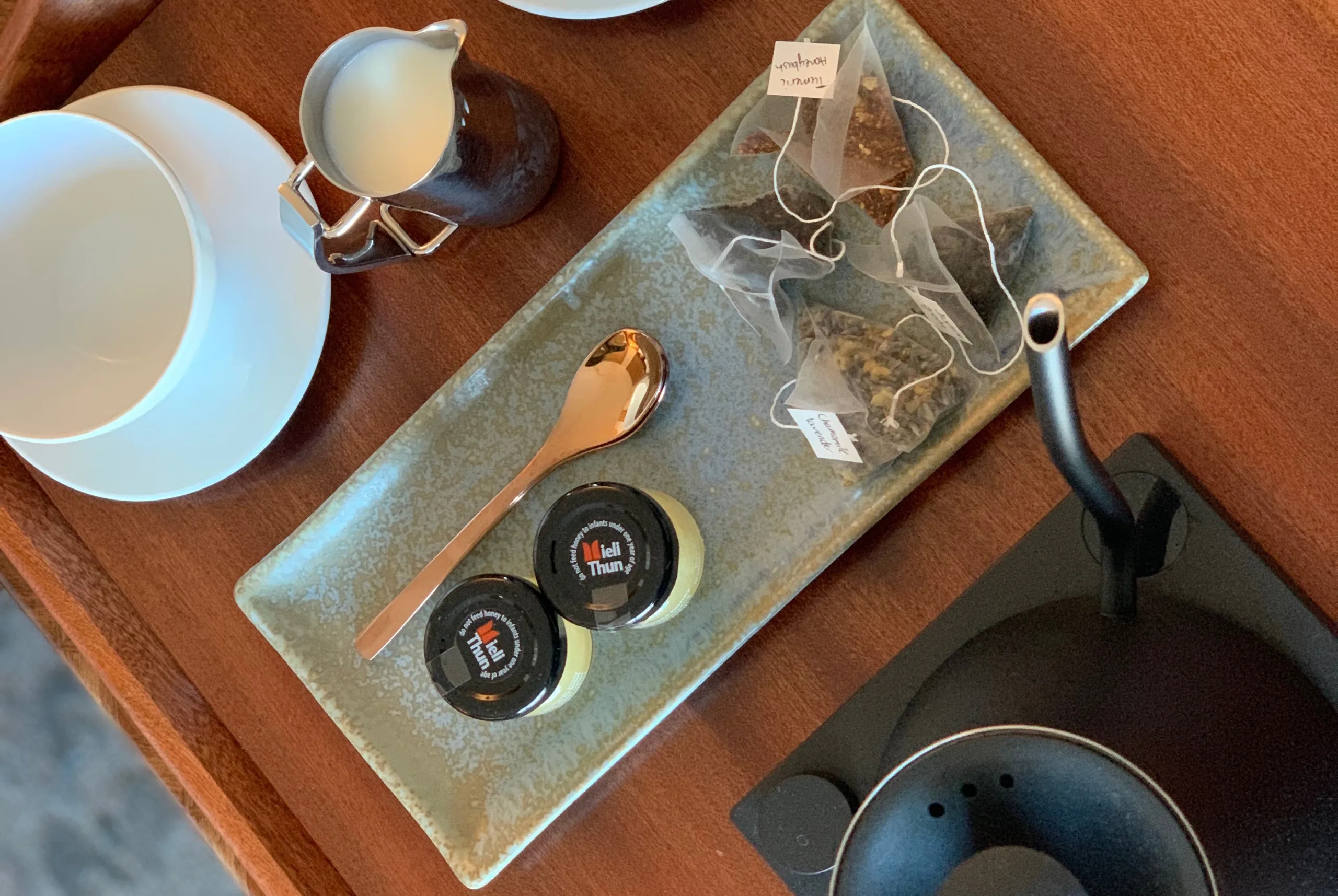 Tea kettle and tea bags at The Joseph Nashville